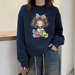 毛圈棉/短款卫衣女新款春秋薄款超火秋季小众长袖藏青高腰短上衣