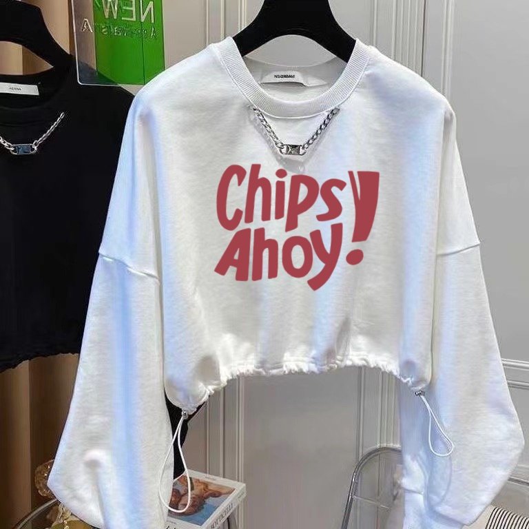 送挂链/棉短款卫衣宽松圆领春秋薄款白色长袖高腰小个子上衣抽绳