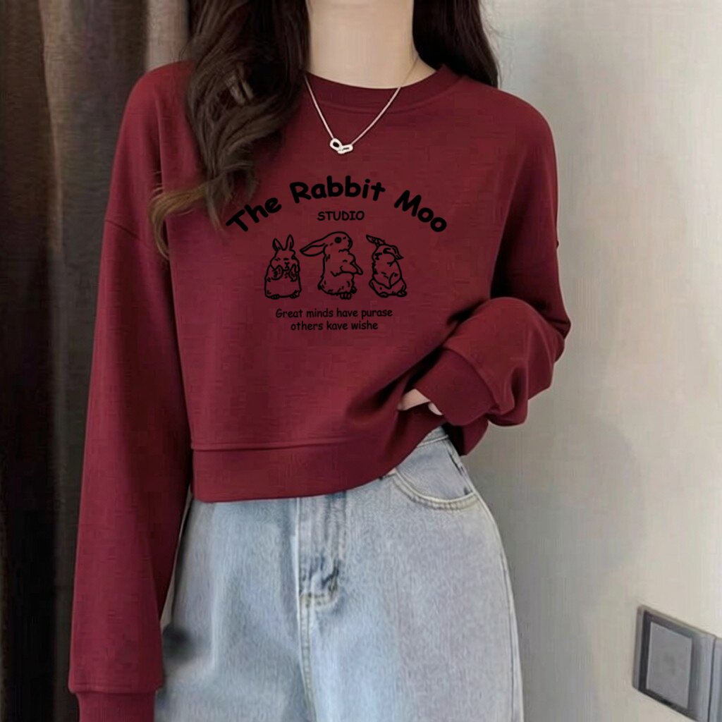 纯棉毛圈可爱休闲风印花短款卫衣女宽松圆领套头小个子酒红色上衣