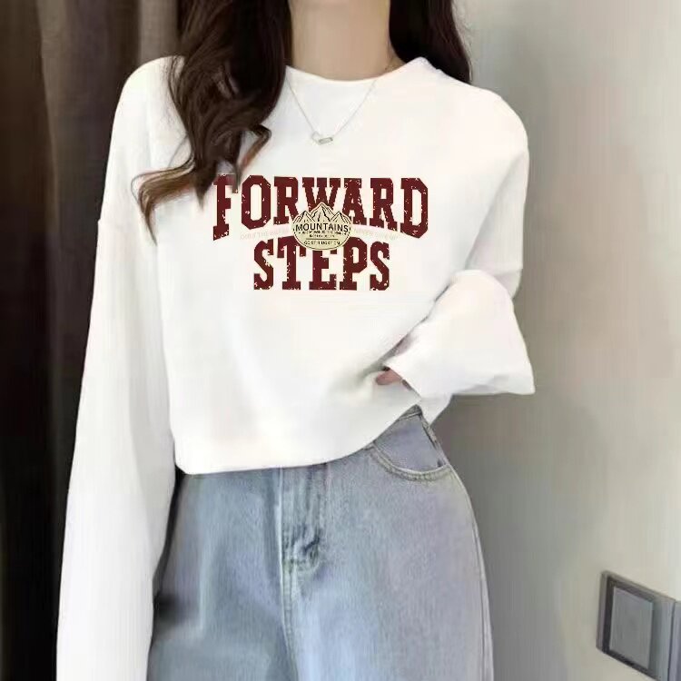 毛圈纯棉春秋韩式休闲风白色短款卫衣女宽松显瘦印花长袖上衣薄款