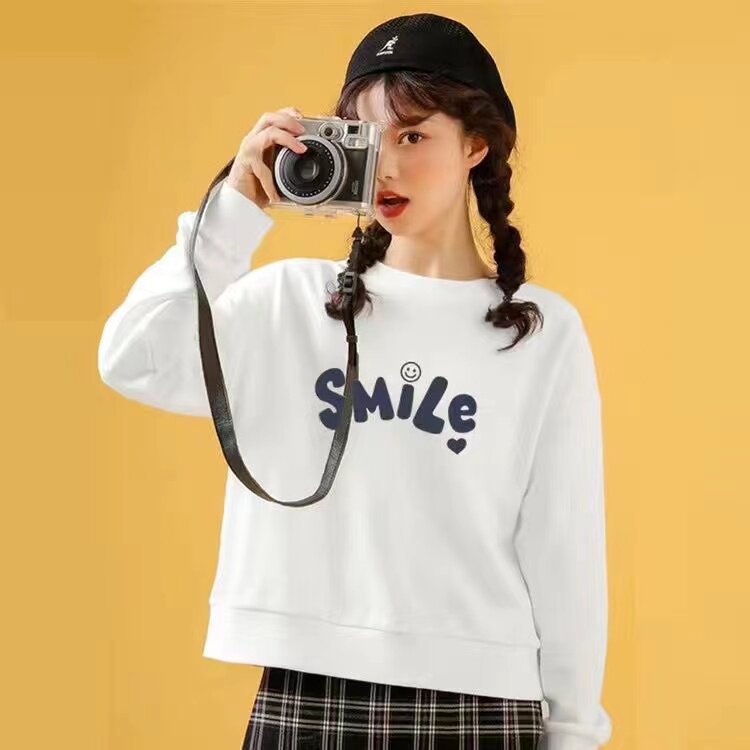毛圈棉卫衣女韩版薄款圆领宽松套头印花长袖上衣休闲风白色小个子