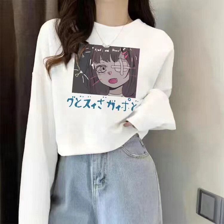 毛圈纯棉短款外套卡通风印花卫衣女长袖宽松白色百搭洋气少女上衣