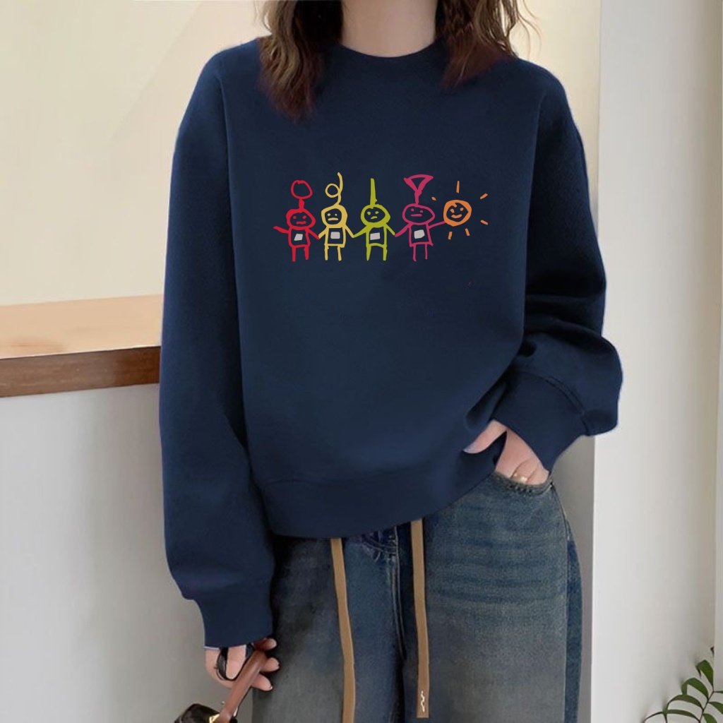 藏青色短款圆领卫衣女春秋款新款薄款宽松时尚洋气印花长袖上衣