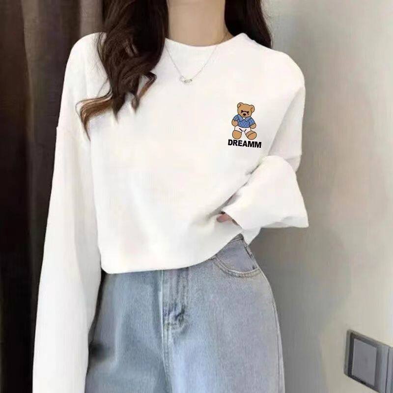 纯棉毛线圈韩版小熊印花加绒卫衣女宽松显瘦圆领长袖上衣通勤风
