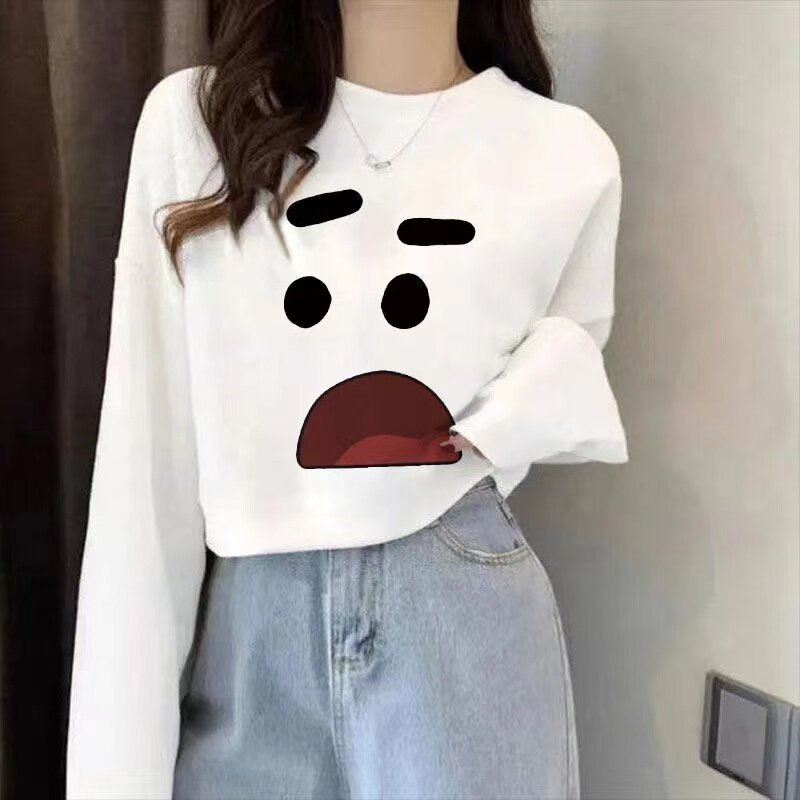 毛圈纯棉韩版宽松卡通印花长袖卫衣女白色套头短款上衣少女潮流