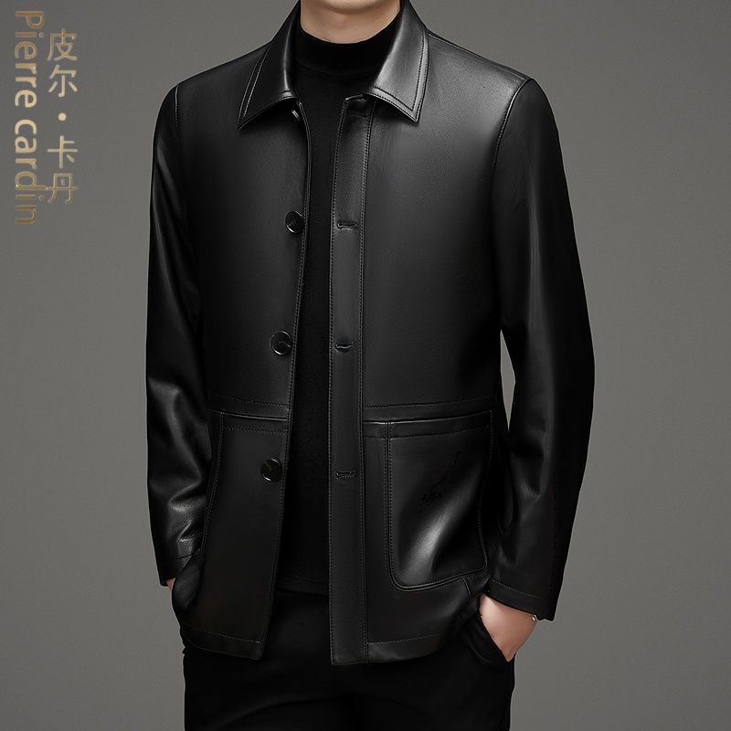 皮尔卡丹真皮皮衣男士外套绵羊皮2025春秋新款机车皮夹克立领秋装