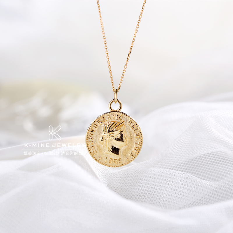 吊坠复古实心硬币项链18K金