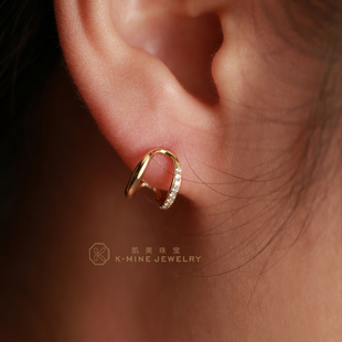 凯美珠宝18K黄金钻石U形耳钉女时髦精致简约轻奢百搭附证可定制