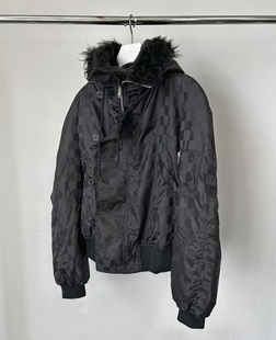 alexander digenova 黑色格子毛皮连帽后拉链夹克