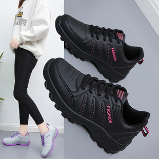 2025新款皮面女鞋防水黑色工作上班防滑厨房妈妈运动鞋波鞋春秋季