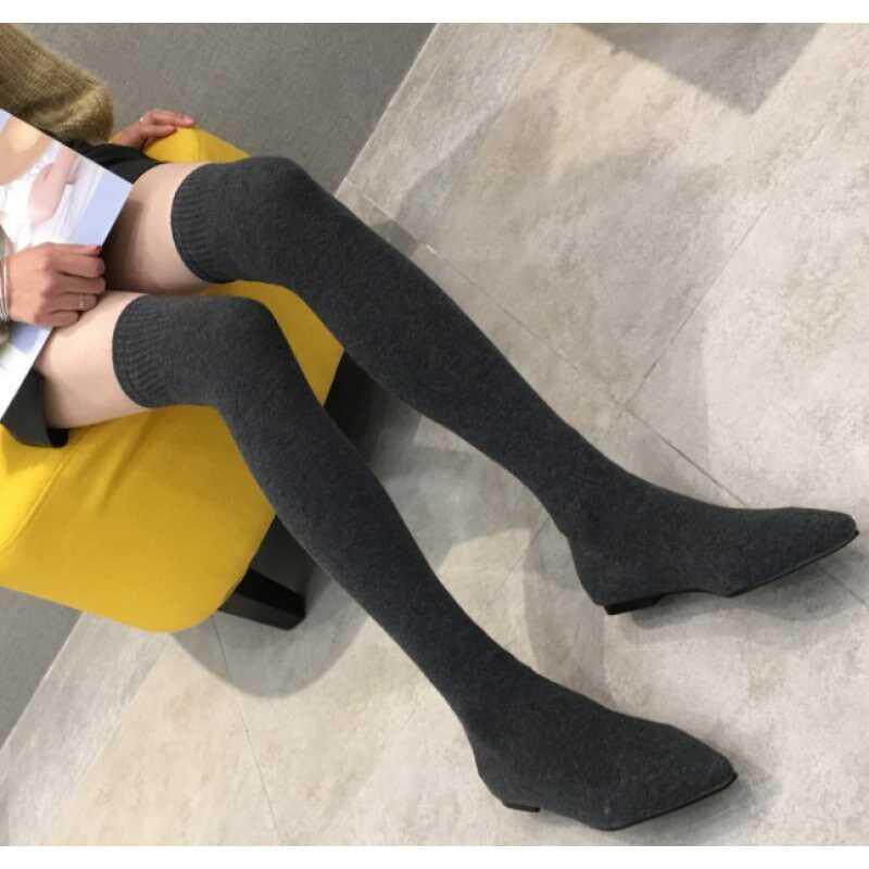 FALL WINTER 2024 NEW FLAT SOCK BOOTS POINTED-TOE BOOTS WOMENS SHOES OVER-THE-KNEE STRETCH BLOCK HEEL WOMENS BOOTS