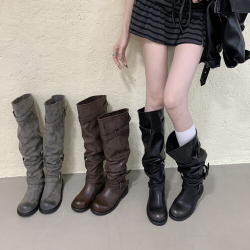 D98-8~粗跟法式复古西部牛仔长靴女靴子2026年秋季新款高筒堆堆靴