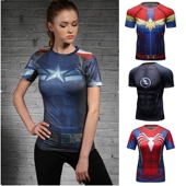 潮短袖 复仇者美队闪电侠情侣女士高弹修身 塑身健身紧身衣个性 T恤