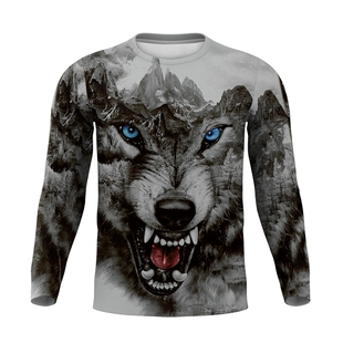 秋季男士3D立体山峰狼头宽松大码潮牌个性高弹打底衫冰丝防嗮长袖