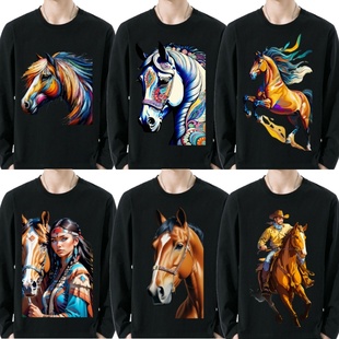 秋装高清马图案马画潮牌宽松大码男士纯棉休闲个性长袖T恤打底衫