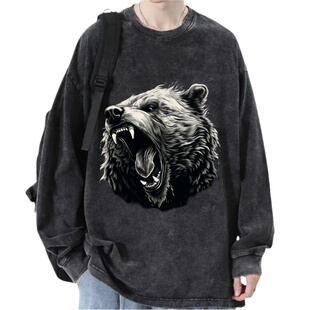 美式春秋男装3D个性咆哮熊潮牌宽松大码复古做旧水洗全棉长袖T恤