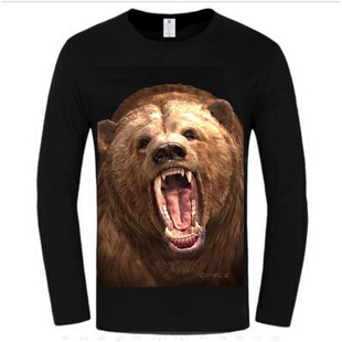秋装3D个性咆哮熊潮牌新款宽松大码男士全棉休闲长袖T恤打底衫