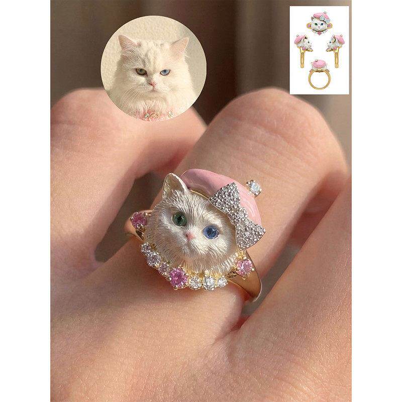可爱异瞳浮雕猫咪戒指女甜酷风小众狮子猫粉帽蝴蝶结镶钻彩宝指环