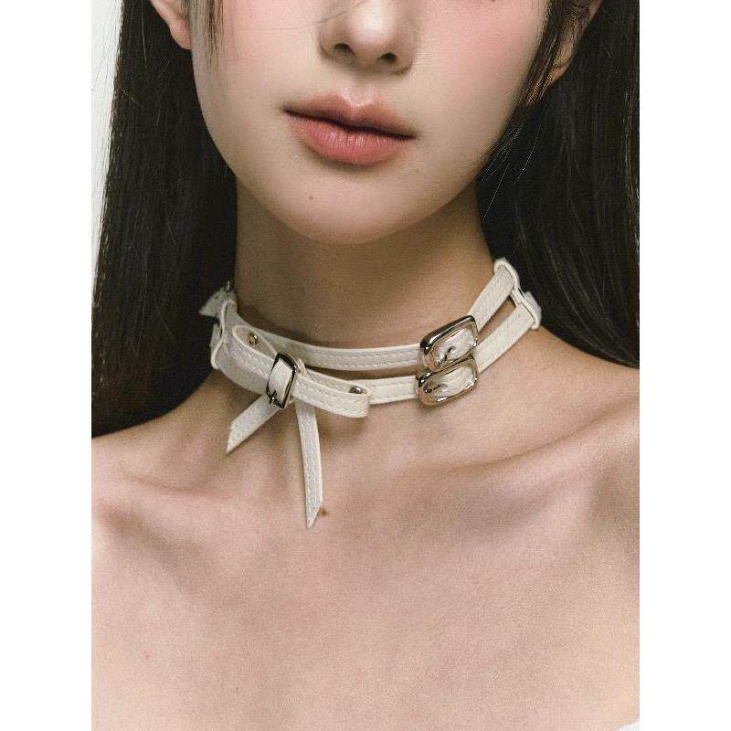 原创设计 白色双层皮带蝴蝶结颈饰项圈