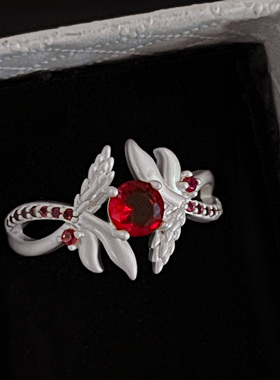 复古轻奢石榴石羽毛红蓼花戒指女新中式时尚红宝锆石小排钻指环