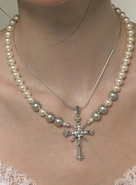 小众双链条珍珠十字架项链拼接叠戴蛇骨链轻奢高级配饰锁骨链饰品