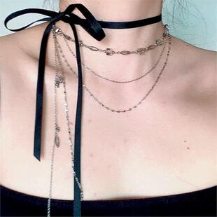原创设计流苏多层银色项链女水晶黑色丝带蝴蝶结两件套高级感