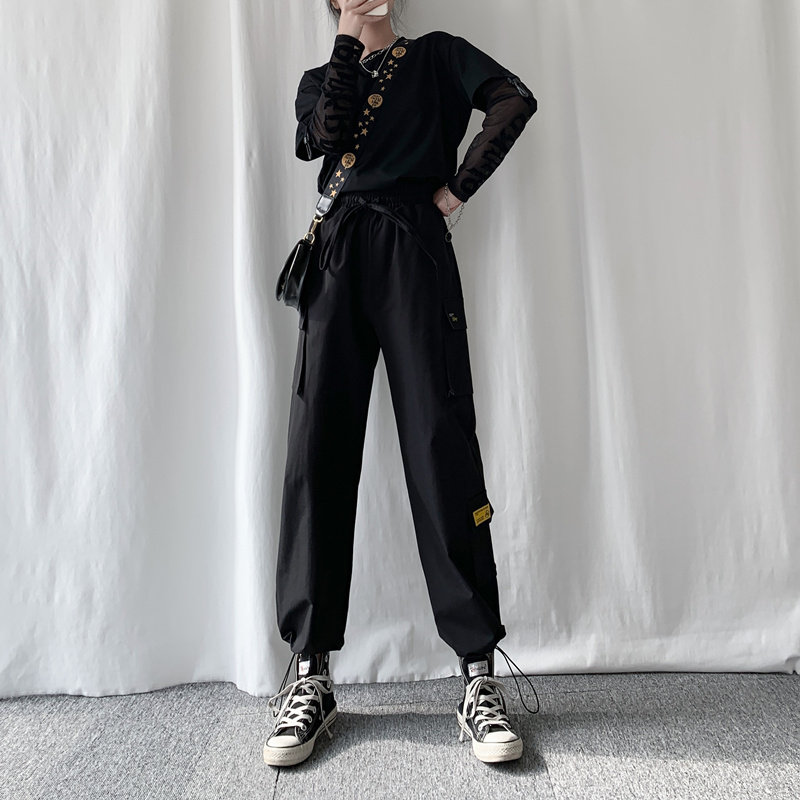 工装裤休闲显瘦高腰宽松束脚百搭小个子黑色阔腿暗黑机能风裤子女