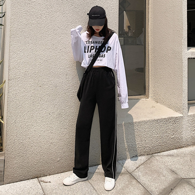 运动阔腿裤女秋高腰垂感宽松直筒黑色显瘦休闲韩版学生拖地长裤子