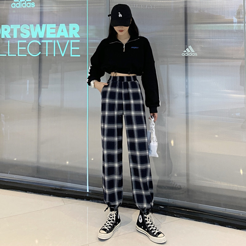 黑白格子裤女宽松直筒束脚2020新款秋冬加绒高腰垂感ins潮运动裤