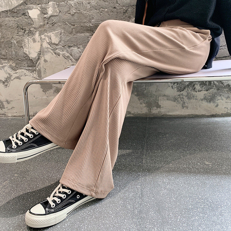 针织阔腿裤女秋冬高腰垂感2020年新款宽松直筒春秋卡其色拖地长裤