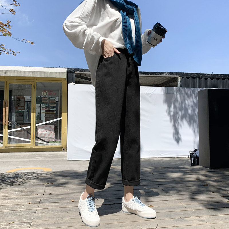 高腰直筒裤女宽松直筒显瘦2020年秋季新款小个子九分黑色休闲裤子
