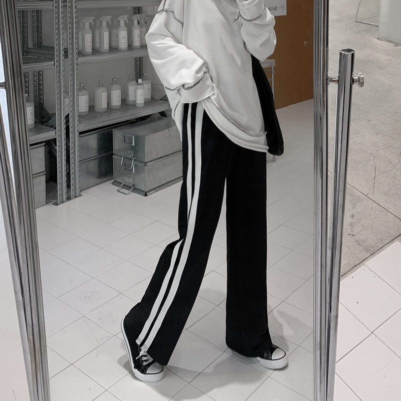 侧条纹阔腿裤女春装2020新款高腰垂感宽松直筒运动拖地休闲裤子