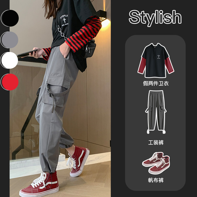 超火工装裤女春装2020新款显瘦高腰束脚宽松bf小个子直筒阔腿裤子