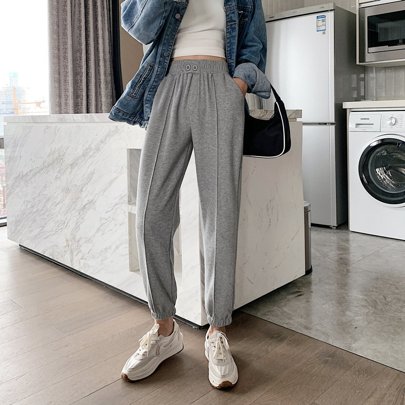 运动裤2020秋季新款高腰显瘦束脚九分裤宽松百搭灰色学生休闲裤女
