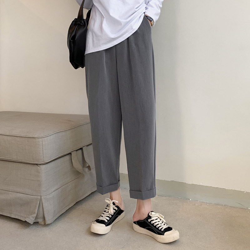 灰色西装裤女春秋高腰垂感休闲宽松直筒烟管显瘦阔腿小西裤夏季薄