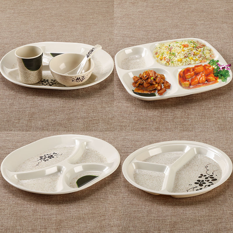 密胺食堂饭盘塑料青荷餐具套装