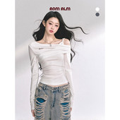 %极简高级感正肩长袖 AOMALM少也眼 奶酥lace 露肩辣妹T恤女秋上衣