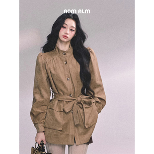 麂皮绒西装 %法式 外套女秋冬宽松立领上衣 可可暖咖 AOMALM少也眼