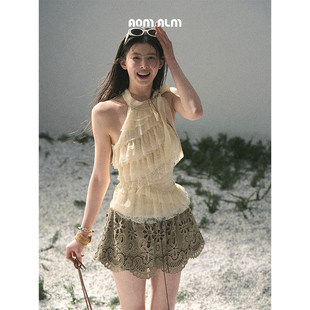 女夏短款 AOMALM少也眼 荷叶边蕾丝衬衫 %法式 挂脖上衣 春痕绣薄纱