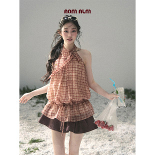 挂脖格子薄款 AOMALM少也眼 %法式 私语 T恤女春收腰显瘦上衣 枫红