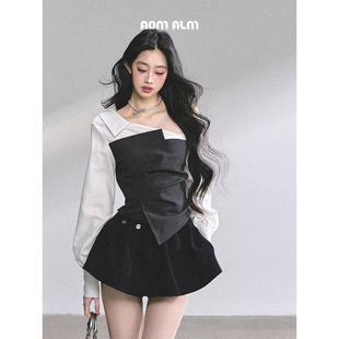 绯闻学姐 女秋季 %假两件长袖 斜肩衬衫 通勤上衣 法式 AOMALM少也眼