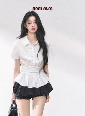 白梨蔓#*荷叶边短袖法式衬衫女夏收腰显瘦仙气飘飘白色上衣