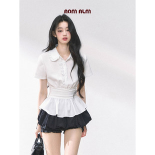 衬衫 法式 女夏收腰显瘦仙气飘飘白色上衣 荷叶边短袖 白梨蔓