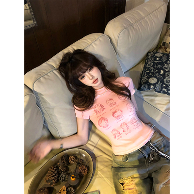 反叛凯蒂#夏日绝美正肩短袖T恤女夏季收腰显瘦辣妹粉色上衣