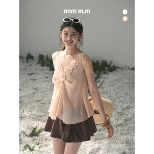 %法式 玫瑰 立体花朵微透蕾丝T恤女春甜美上衣 失语 AOMALM少也眼