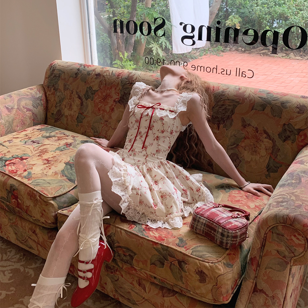 富养玫瑰#田园风茶歇碎花法式连衣裙夏蕾丝吊带裙女公主裙99