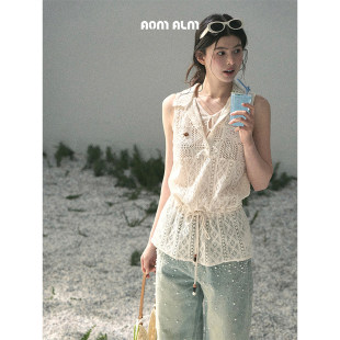 蕾丝镂空T恤女夏季 %假两件法式 收腰上衣 夏风吻裙角 AOMALM少也眼