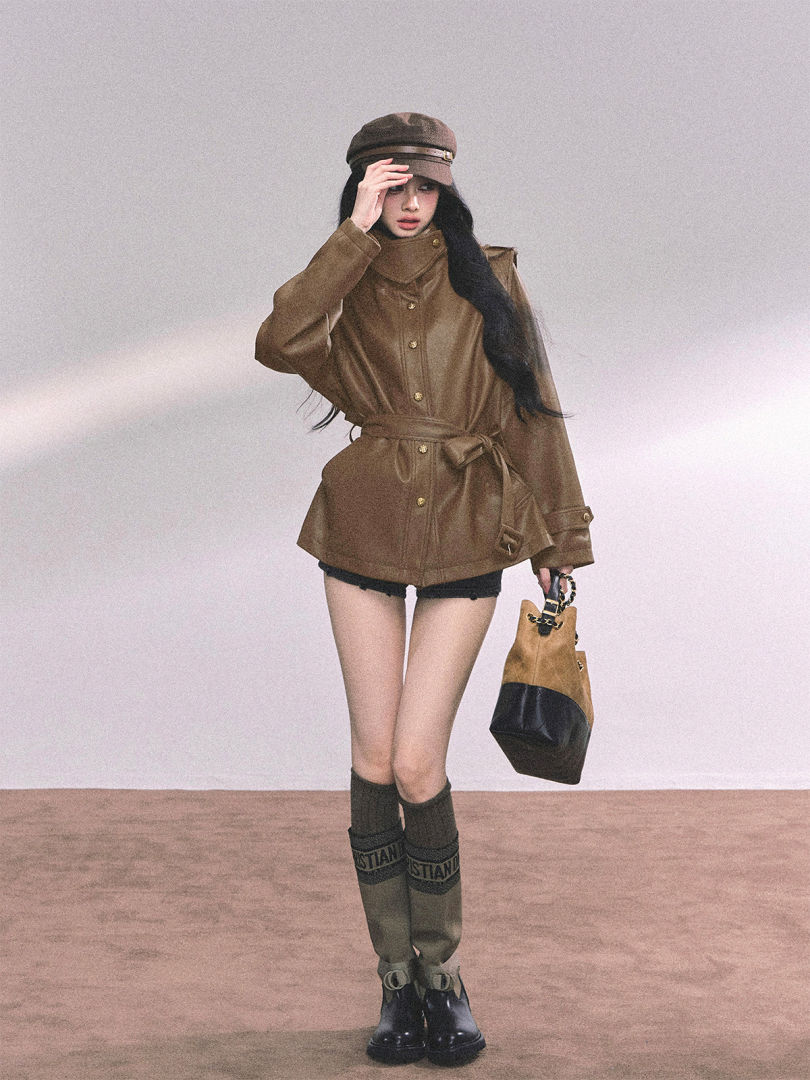 Woman wearing a brown belted jacket with matching hat and boots, holding a handbag