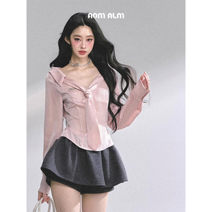 polo领条纹衬衫 %高级感法式 女秋甜美上衣 粉蔻学院 AOMALM少也眼