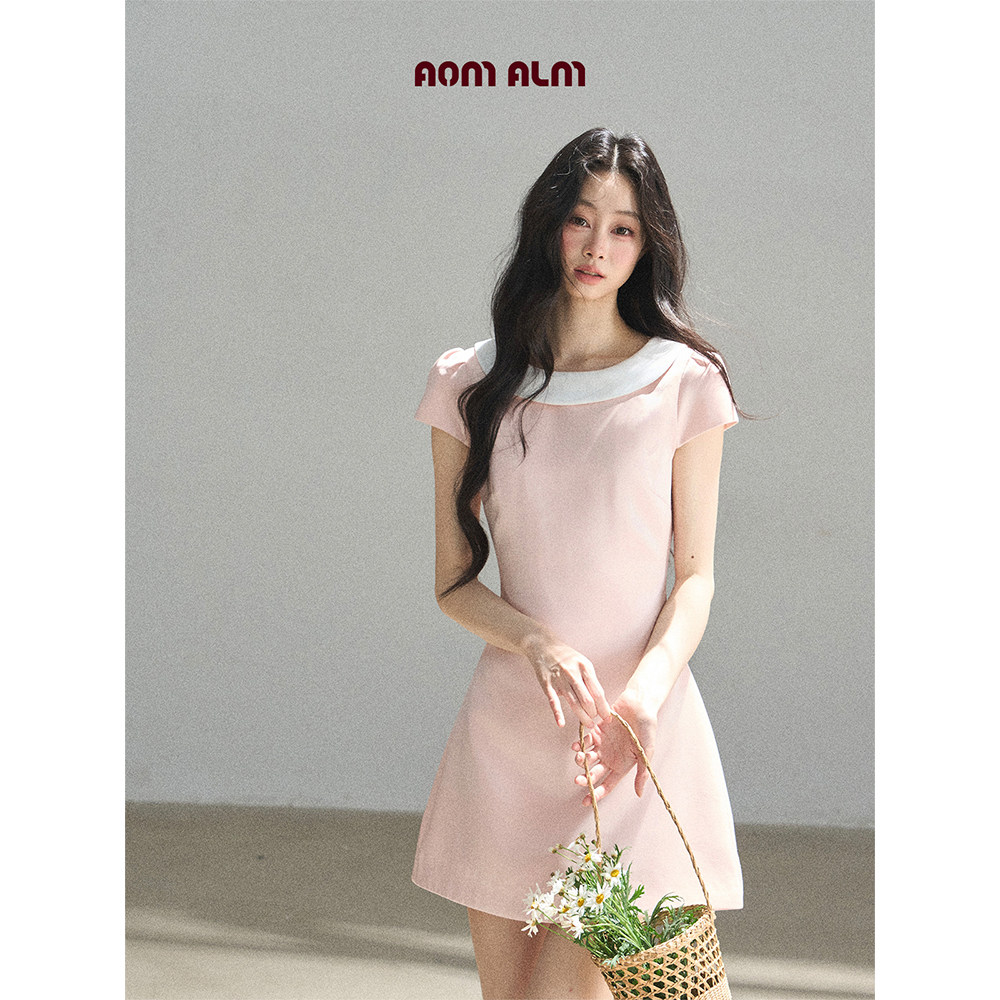 AOMALM少也眼"初绽的桃花"法式绝美缎面连衣裙女夏短袖蓬蓬裙短裙